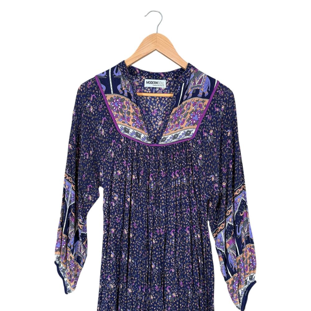 Modern Soul Bohemian Folk Print Gypsy Midi Dress Purple Size 6 - Picture 5 of 9